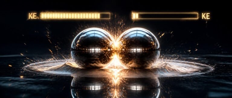 Work energy power NEET PYQ analysis showing two chrome spheres colliding with energy transfer overlay