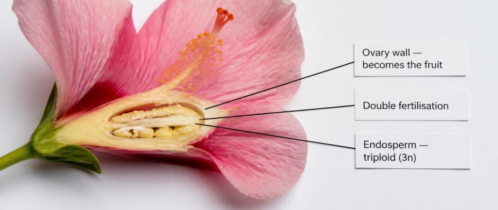 Labeled photograph of a flower cross-section showing double fertilisation structures for NEET Botany