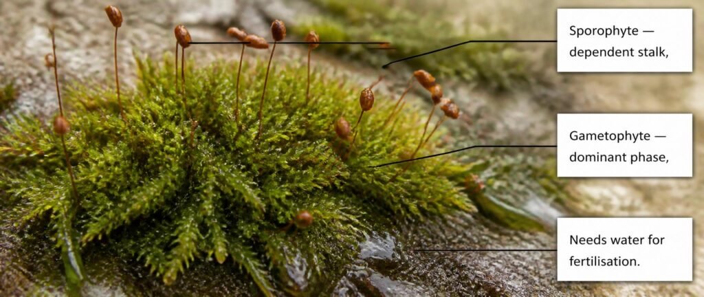 Labeled photograph of moss showing gametophyte structure for NEET Botany