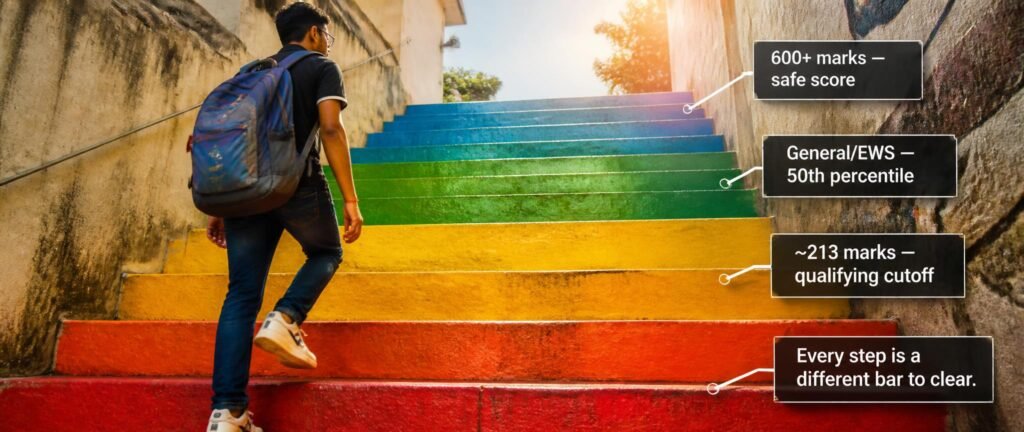 NEET 2027 expected cutoff shown through a real colorful staircase photograph with marks climbing at each step