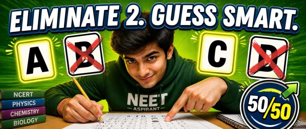 NEET elimination technique for guessing shown through a bold four-option elimination graphic