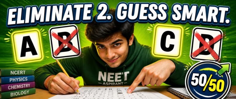 NEET elimination technique for guessing shown through a bold four-option elimination graphic