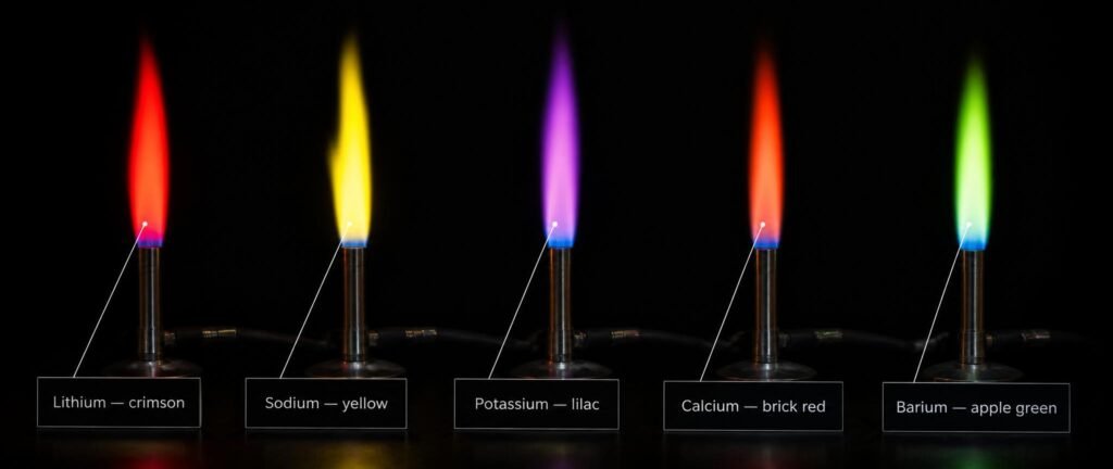 NEET inorganic chemistry exceptions trends shown through labeled flame test colors
