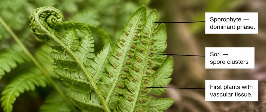 Labeled photograph of a fern showing vascular tissue and spores for NEET Botany