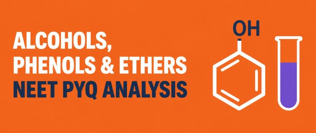 Alcohols phenols ethers NEET PYQ analysis banner with a phenol ring and test tube
