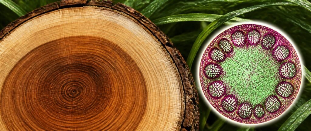 Anatomy of flowering plants NEET PYQ analysis showing tree annual rings and a stained stem cross-section with vascular bundles