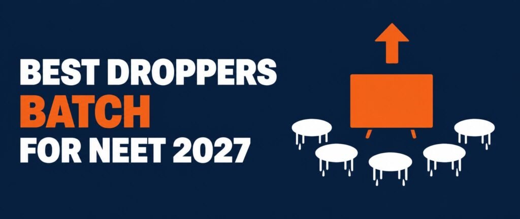 Best droppers batch for NEET 2027 banner with a small semicircle of desks and an upward arrow