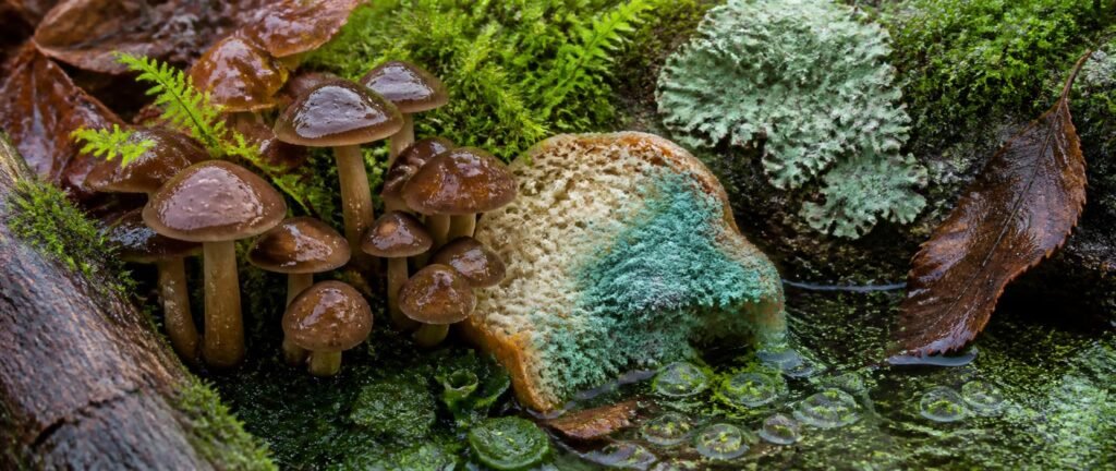 Biological classification NEET PYQ analysis showing mushrooms, bread mould, lichen and algae on a forest floor