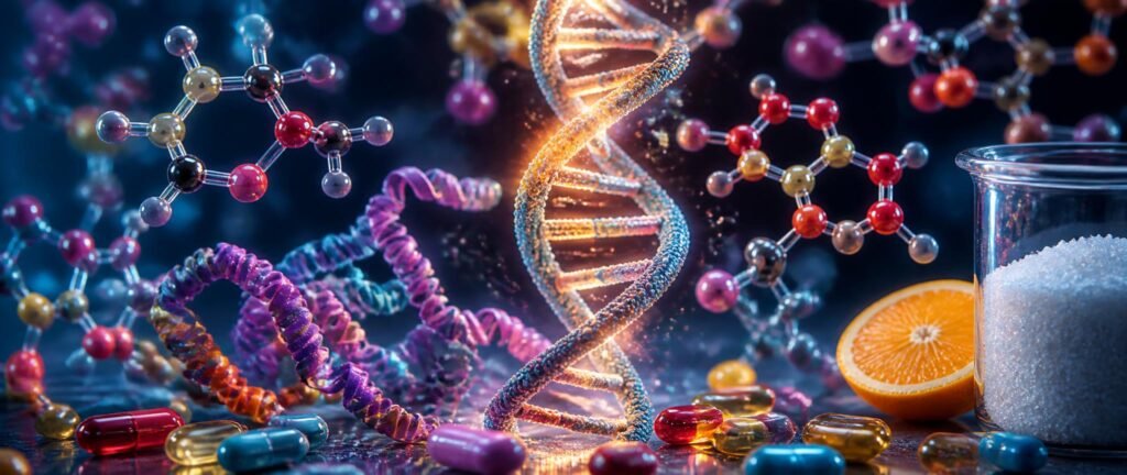 Biomolecules chemistry NEET PYQ analysis showing a DNA helix, sugar molecules, a protein chain and vitamin capsules