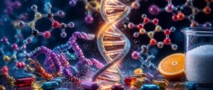 Biomolecules chemistry NEET PYQ analysis showing a DNA helix, sugar molecules, a protein chain and vitamin capsules