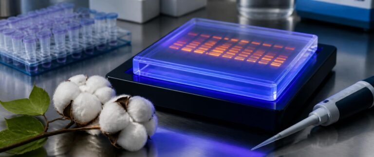 Biotechnology NEET PYQ analysis shown as glowing DNA bands on a gel beside a cotton boll