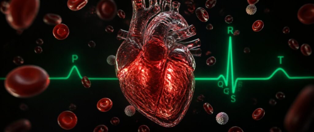 Body fluids circulation NEET PYQ analysis with a glowing glass heart and an ECG trace