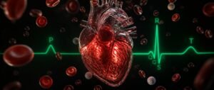 Body fluids circulation NEET PYQ analysis with a glowing glass heart and an ECG trace