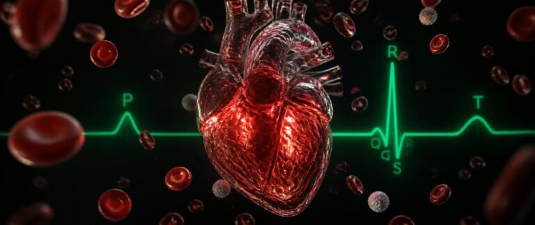 Body fluids circulation NEET PYQ analysis with a glowing glass heart and an ECG trace
