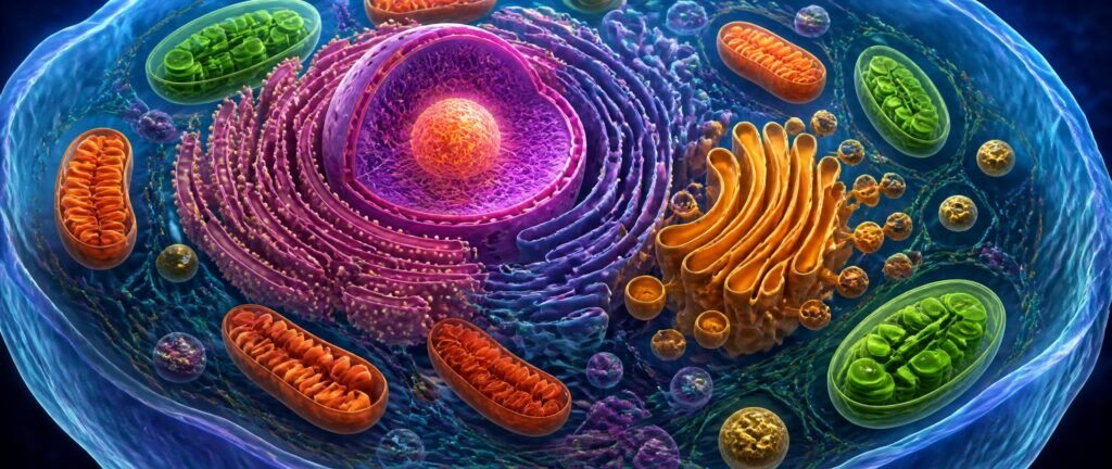 Cell the unit of life NEET PYQ analysis showing a 3D cell with nucleus, mitochondria, chloroplasts, ER and Golgi