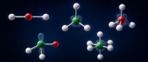 Chemical bonding NEET PYQ analysis showing ball-and-stick models of linear, tetrahedral and octahedral molecules