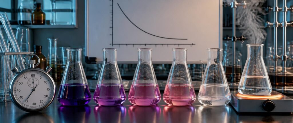Chemical kinetics NEET PYQ analysis showing flasks changing colour over time beside a stopwatch