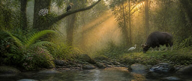 Ecology NEET PYQ analysis shown as a layered rainforest with an orchid, egret and stream