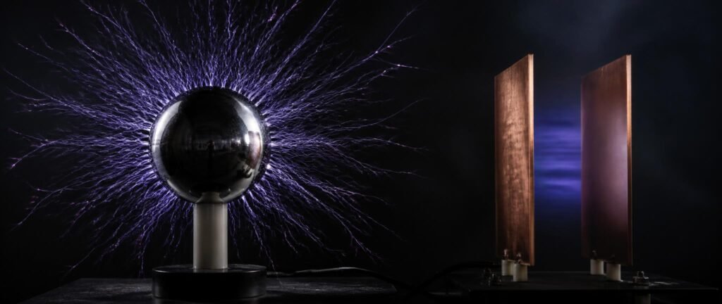 Electrostatics NEET PYQ analysis shown as a charged metal sphere with field lines and capacitor plates