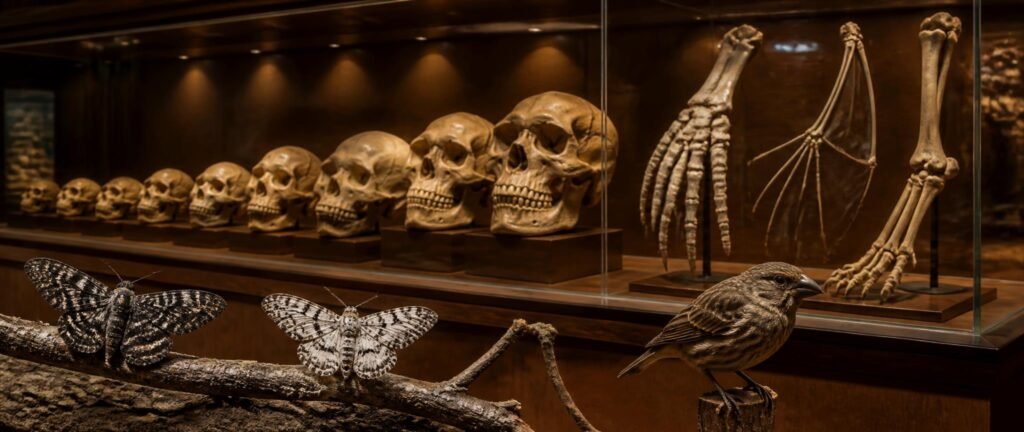 Evolution NEET PYQ analysis showing early human skulls, homologous forelimbs, peppered moths and a finch in a museum case