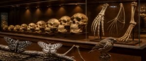 Evolution NEET PYQ analysis showing early human skulls, homologous forelimbs, peppered moths and a finch in a museum case