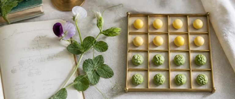 Genetics NEET PYQ analysis shown as yellow and green peas arranged in a Punnett square grid