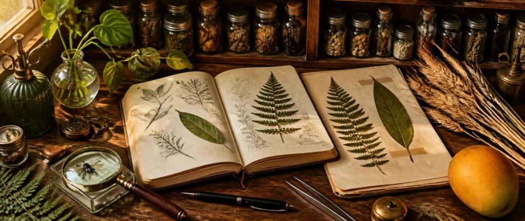 The living world NEET PYQ analysis showing a naturalist desk with herbarium sheets, a housefly specimen, wheat and a mango