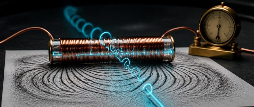 Magnetism NEET PYQ analysis shown as a copper coil with iron filing field lines and a helical particle path