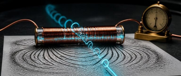 Magnetism NEET PYQ analysis shown as a copper coil with iron filing field lines and a helical particle path