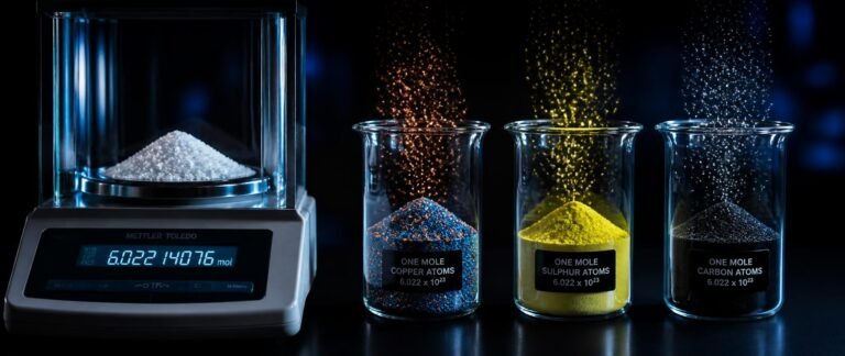 Mole concept NEET PYQ analysis with a laboratory balance and one-mole samples of different substances