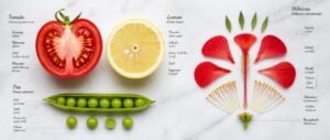 Morphology of flowering plants NEET PYQ study with sliced tomato, lemon, pea pod and dissected hibiscus flower