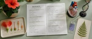 NEET 2027 biology syllabus checklist with a hibiscus flower, heart model, DNA model and microscope slide