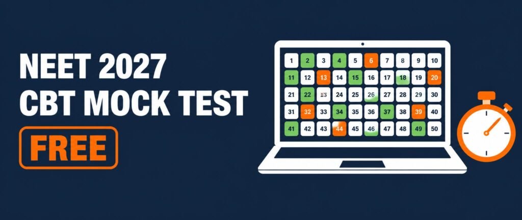 NEET 2027 CBT mock test free banner with a laptop question palette and stopwatch