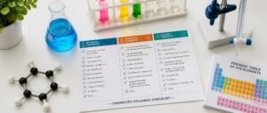 NEET 2027 chemistry syllabus checklist with flasks, test tubes, a benzene model and a periodic table