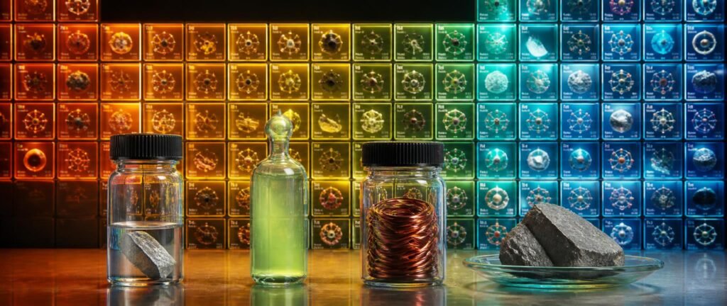 Periodic table NEET PYQ analysis showing a glowing periodic table chart and element samples on a lab bench