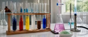 Practical chemistry NEET PYQ analysis showing test tubes with coloured precipitates, a burette titration and green crystals