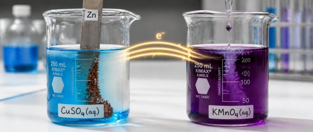 Redox reactions NEET PYQ analysis showing zinc in copper sulphate and a permanganate colour change