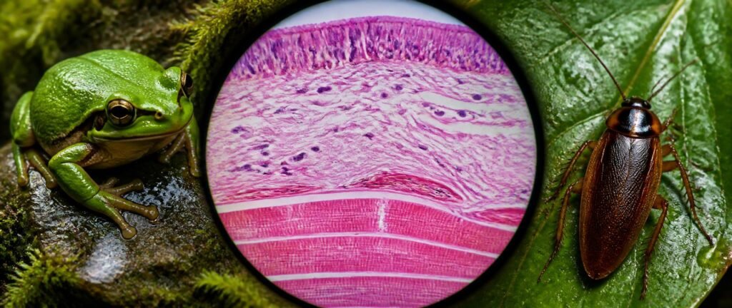 Structural organisation in animals NEET PYQ analysis showing a frog, a cockroach and a microscope view of animal tissues